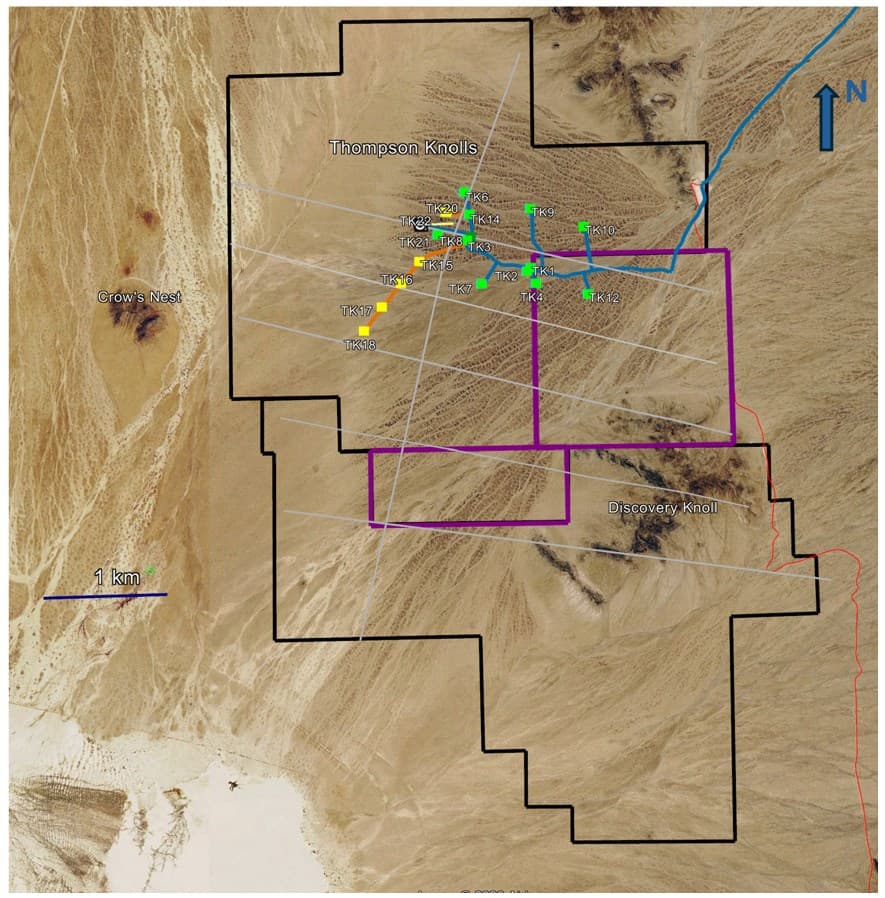 Map of the Thompson Knolls property showing drill holes TK1 to TK22 and the IP/MT survey lines